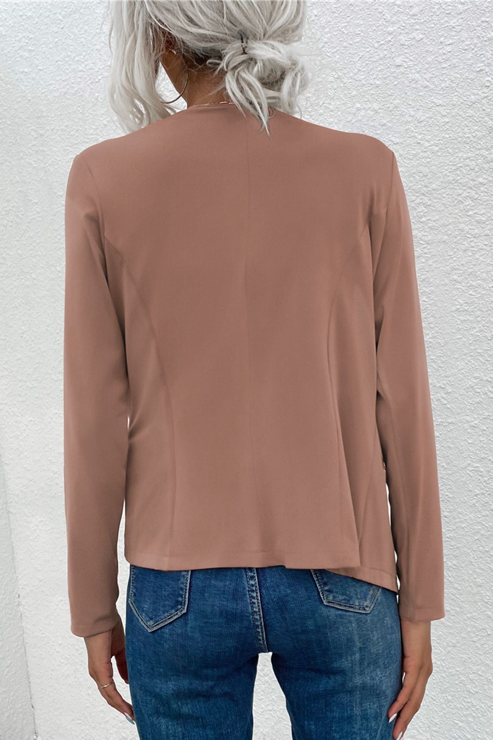 Mocha drape front jacket with zip detail, long sleeves, and a relaxed fit.