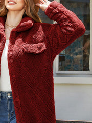 Burgundy quilted teddy bear coat with patch pockets and buttons