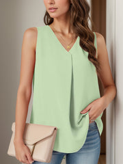 Sleeveless V-neck blouse in Gum Leaf with front pleats.