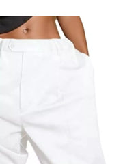 White pleated high-waisted shorts with drawstring and button detail.
