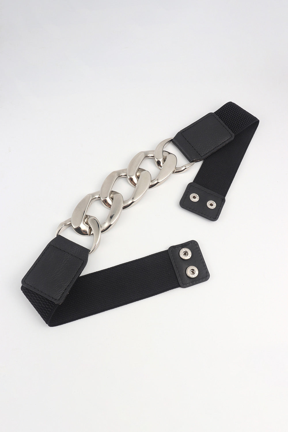 Black elastic belt with silver chunky chain and faux leather accents