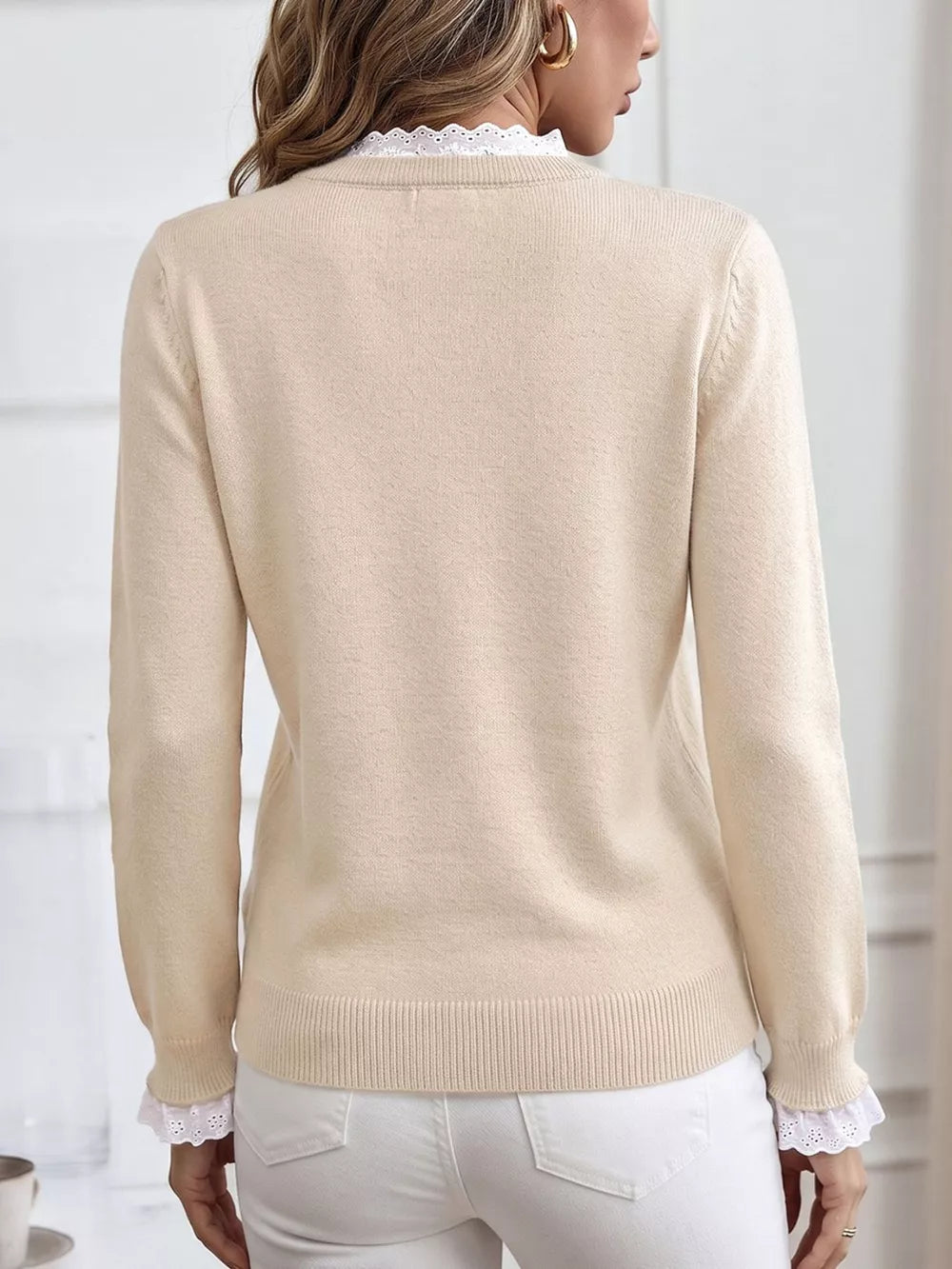 Elegant Lace Trim Round Neck Sweater in Apricot, fabric detail