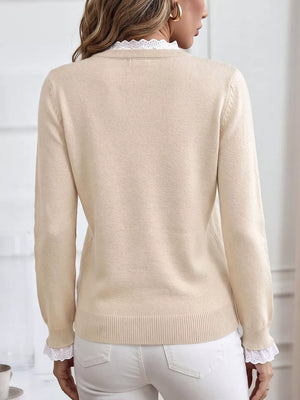 Elegant Lace Trim Round Neck Sweater in Apricot, fabric detail