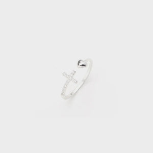 Silver ring with open heart and pave cross detail