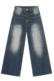 Faded wash palazzo jeans in medium denim with a wide leg and distressed details.