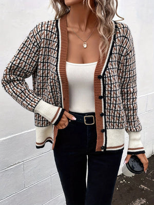 Geometric knit cardigan in caramel with button front and contrast trim.