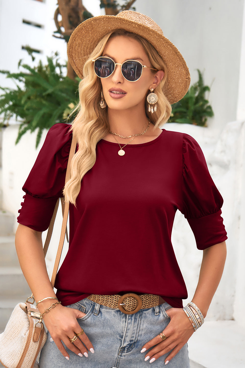 Burgundy puffed sleeve top with button cuff detail