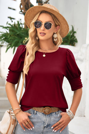 Burgundy puffed sleeve top with button cuff detail