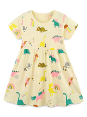 Yellow cotton toddler dress with short sleeves and a fun dinosaur and unicorn print.