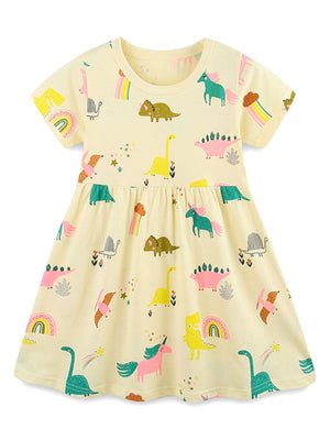 Yellow cotton toddler dress with short sleeves and a fun dinosaur and unicorn print.