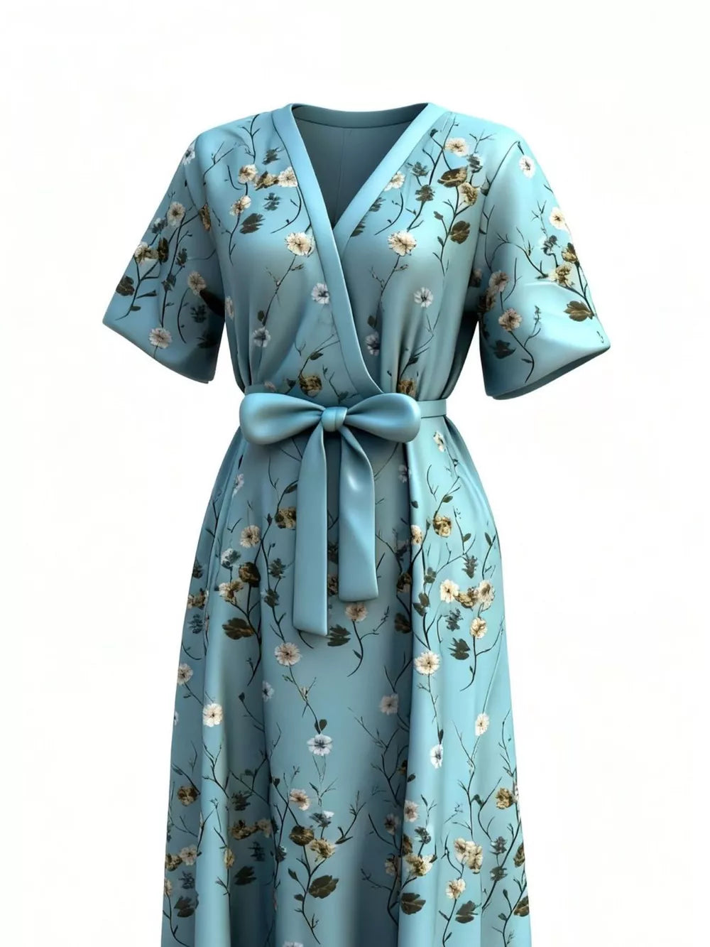 Teal floral maxi wrap dress with short sleeves and a tie waist.