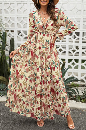Floral ruffle maxi dress with tiered skirt and V-neckline in Floral color.
