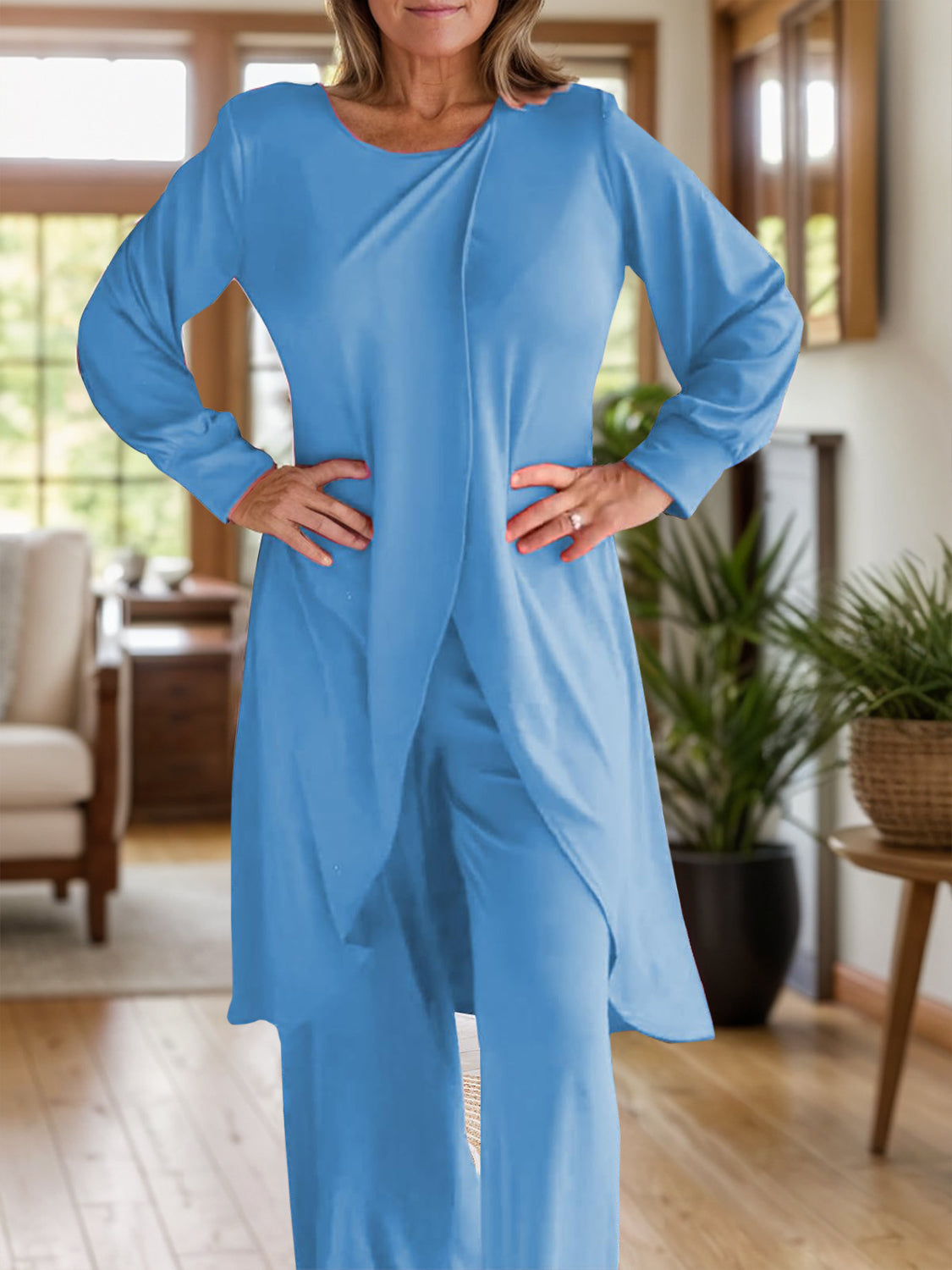 Cerulean draped overlay palazzo co-ord set with long sleeves and wide leg pants.