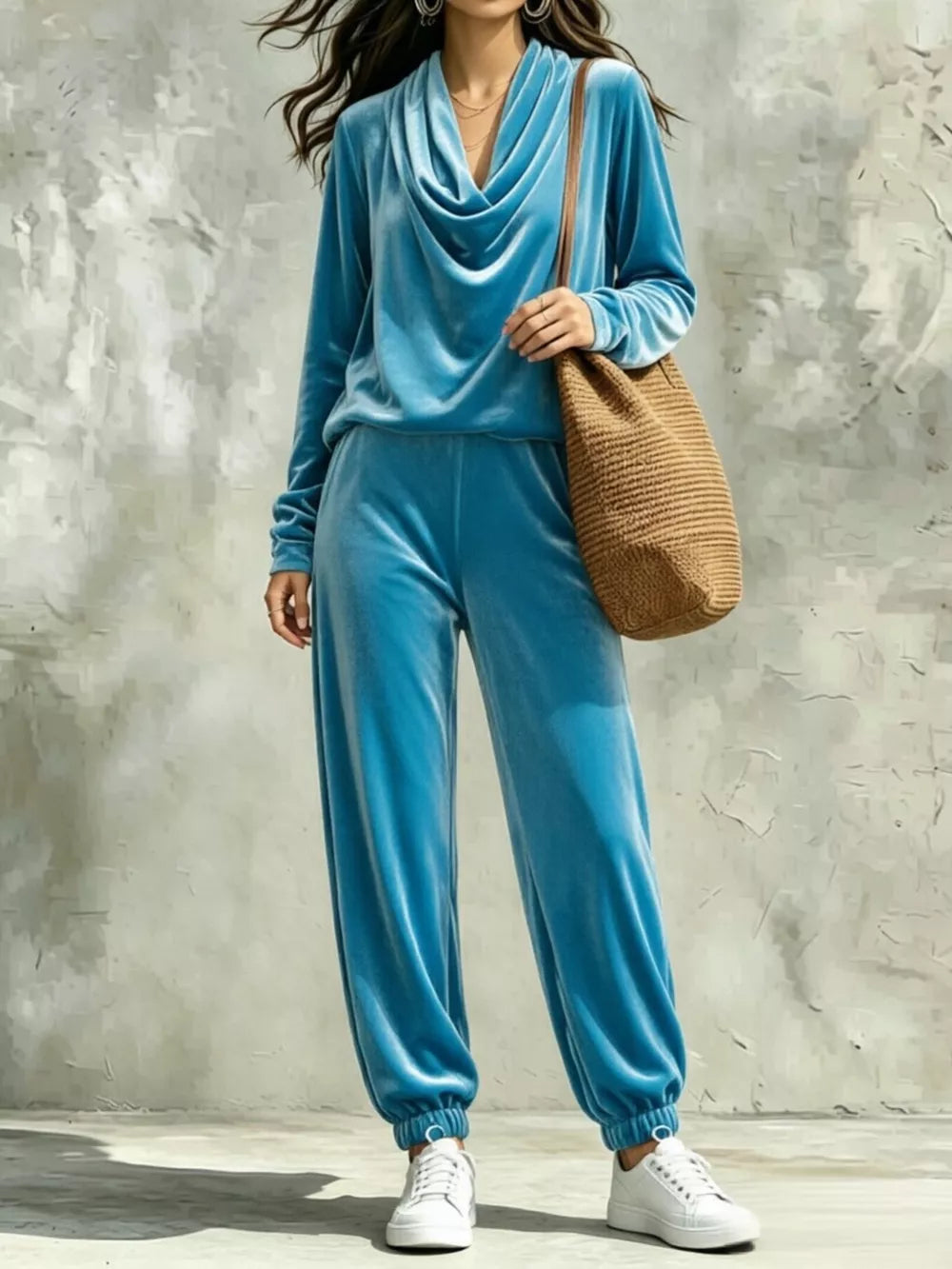 Cowl Neck Top And Joggers Set in Black, front view