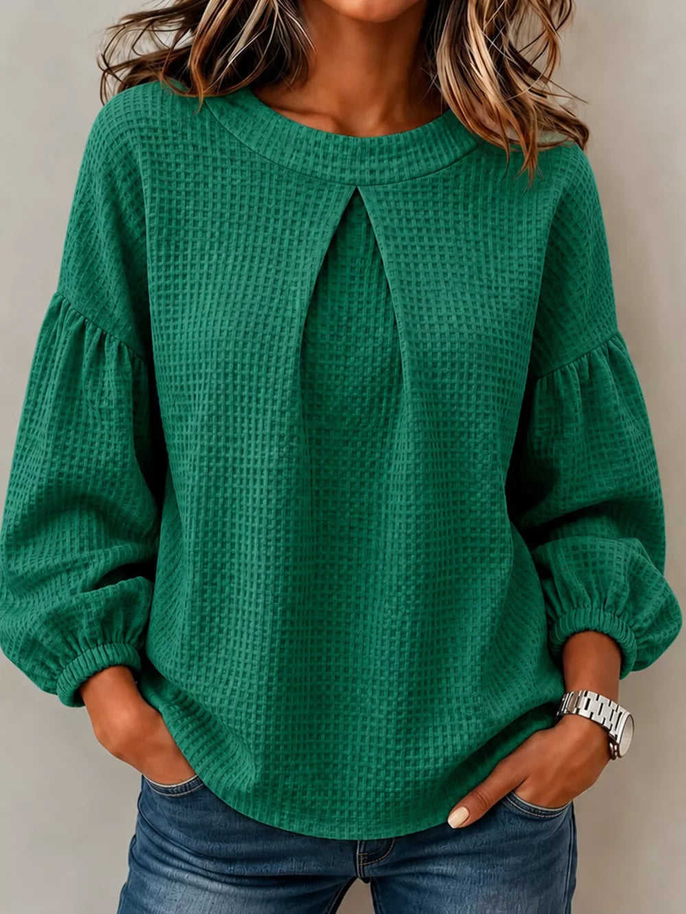 Waffle Knit Round Neck Top in Burgundy, alternate angle