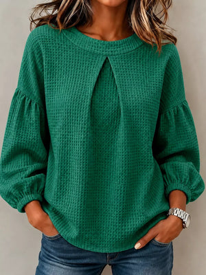Waffle Knit Round Neck Top in Burgundy, alternate angle