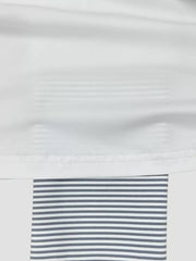 White asymmetrical one-shoulder camisole with subtle tonal stripes and grey striped trim.