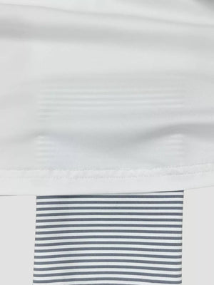 White asymmetrical one-shoulder camisole with subtle tonal stripes and grey striped trim.