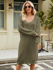 Textured knit v-neck midi dress in matcha green with long sleeves and a casual fit.