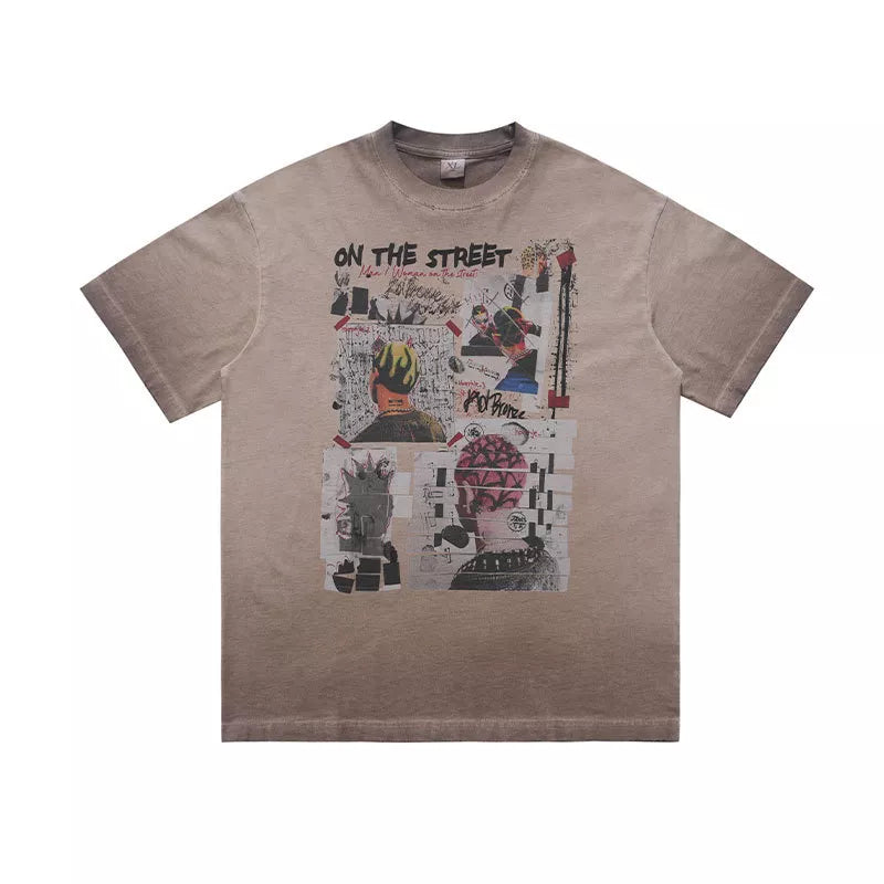 Men's graphic t-shirt in mocha cotton with a round neck and collage art print.