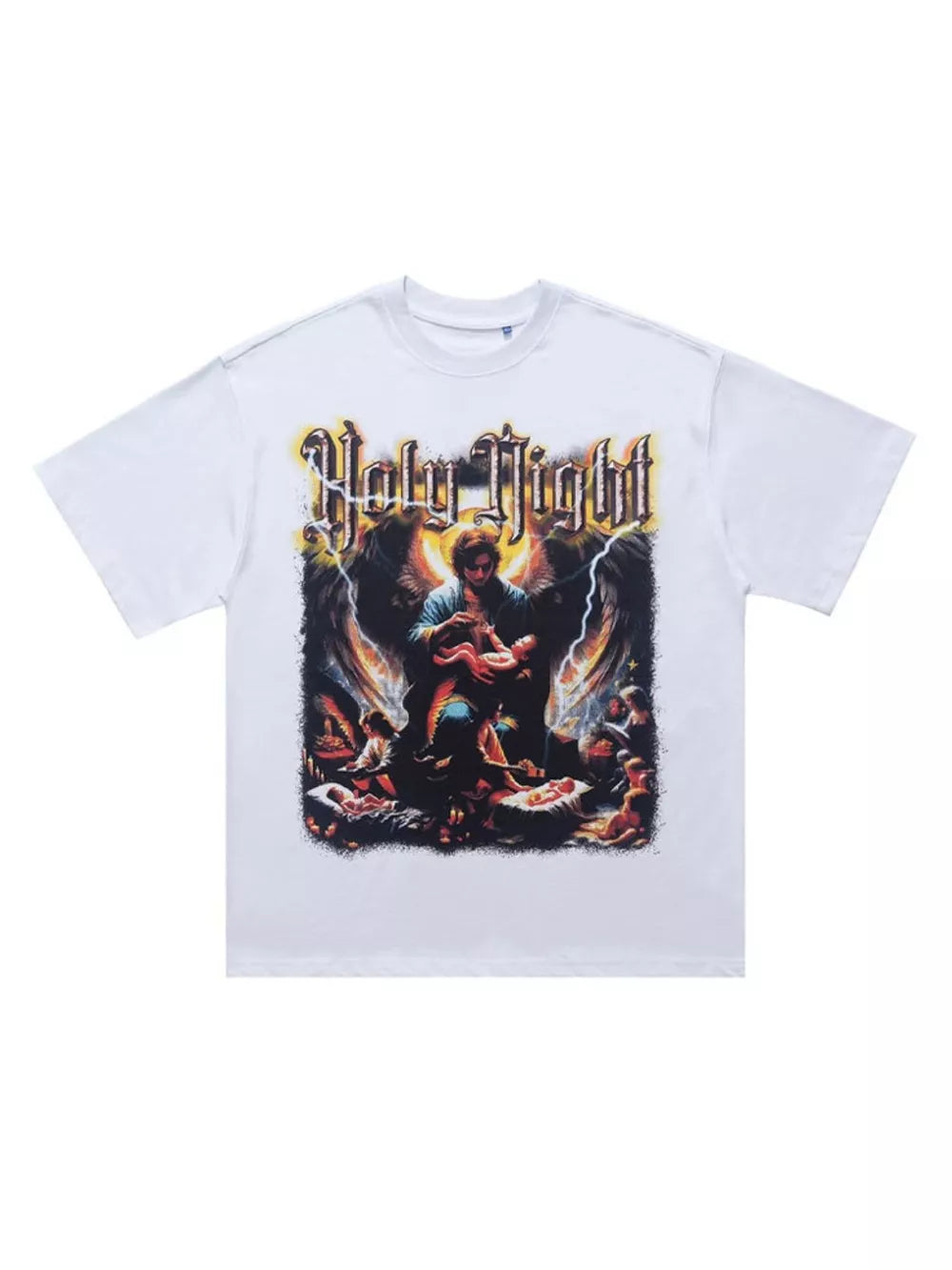 White cotton oversized t-shirt with Holy Night graphic print and angelic imagery.