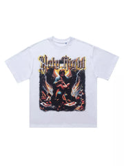 White cotton oversized t-shirt with Holy Night graphic print and angelic imagery.