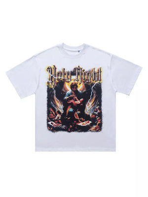 White cotton oversized t-shirt with Holy Night graphic print and angelic imagery.