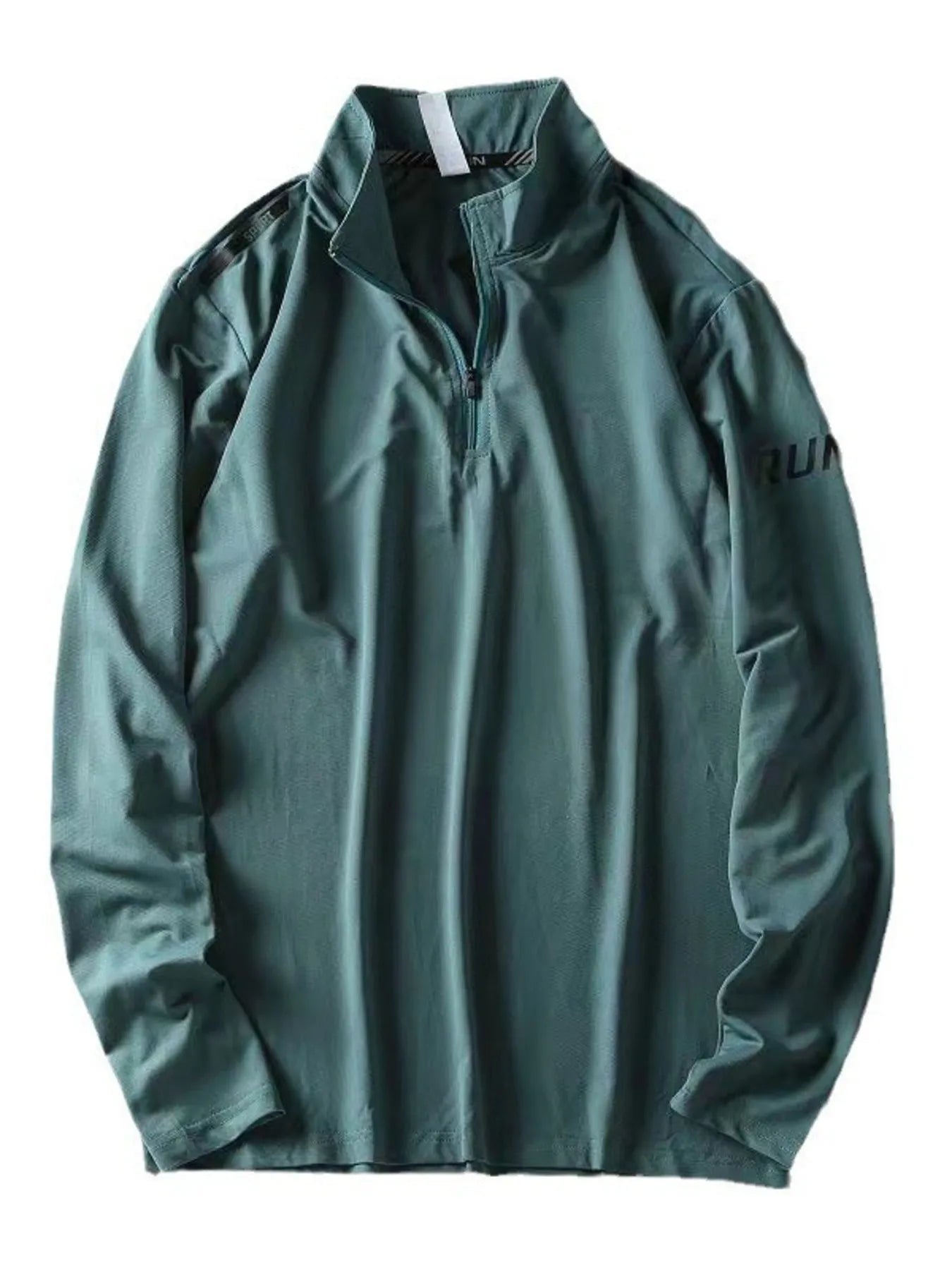 Light green quarter-zip long-sleeve sweatshirt with "RUN" graphic on sleeve
