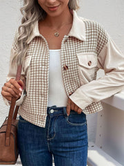 Beige houndstooth corduroy panel jacket with buttoned pockets and collar.
