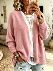 Open Front Knit Cardigan With Pockets in Army Green, front view