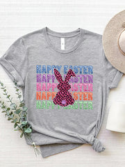 Gray t-shirt with leopard bunny graphic and glitter text reading Happy Easter in rainbow colors.