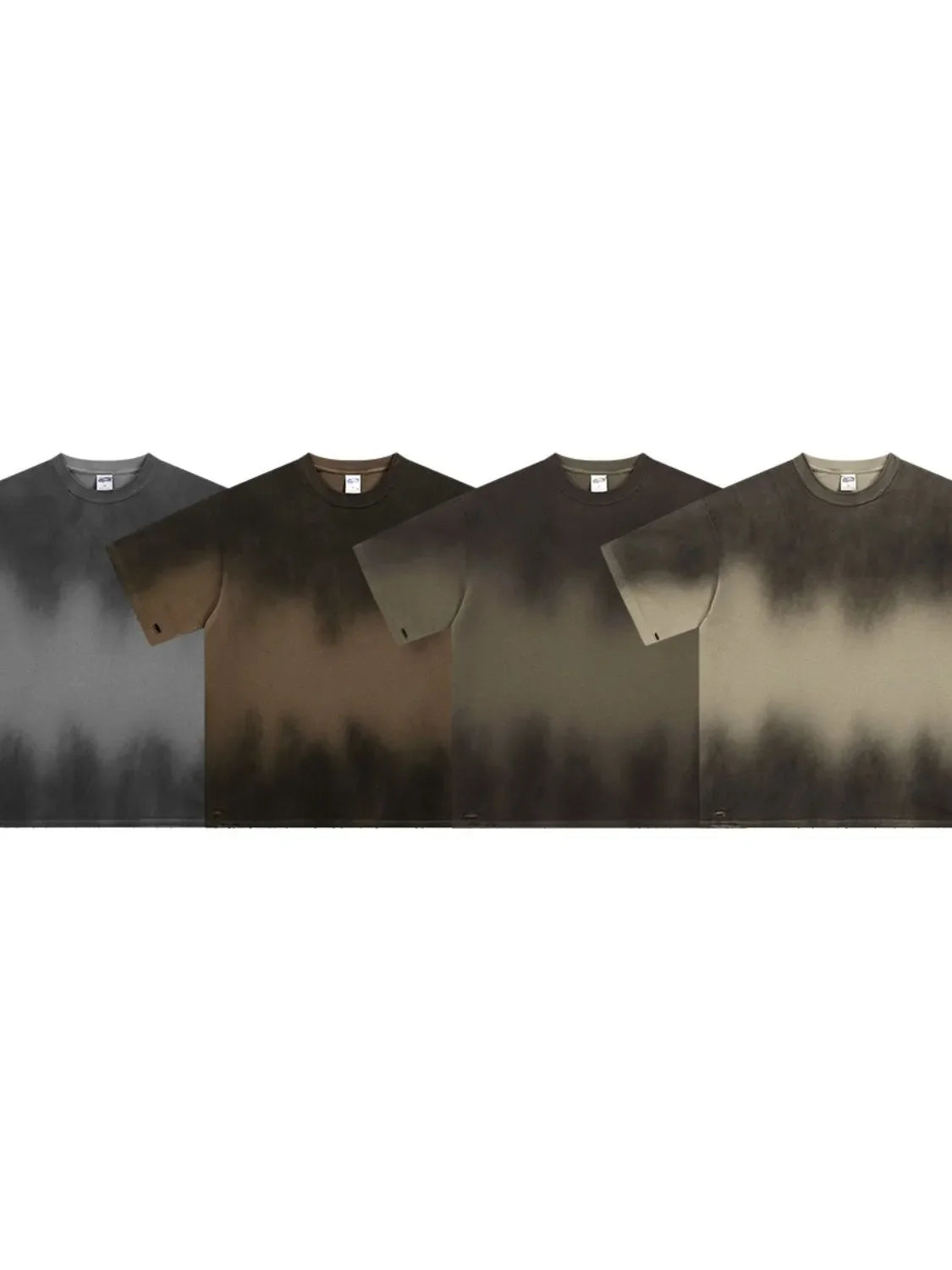 Faded ombre oversized tee in dark gray, army green, khaki, and taupe with a soft, washed look.