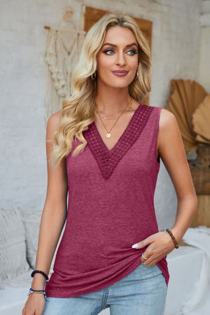 Sleeveless V-neck tank top in watermelon pink with crochet trim detail