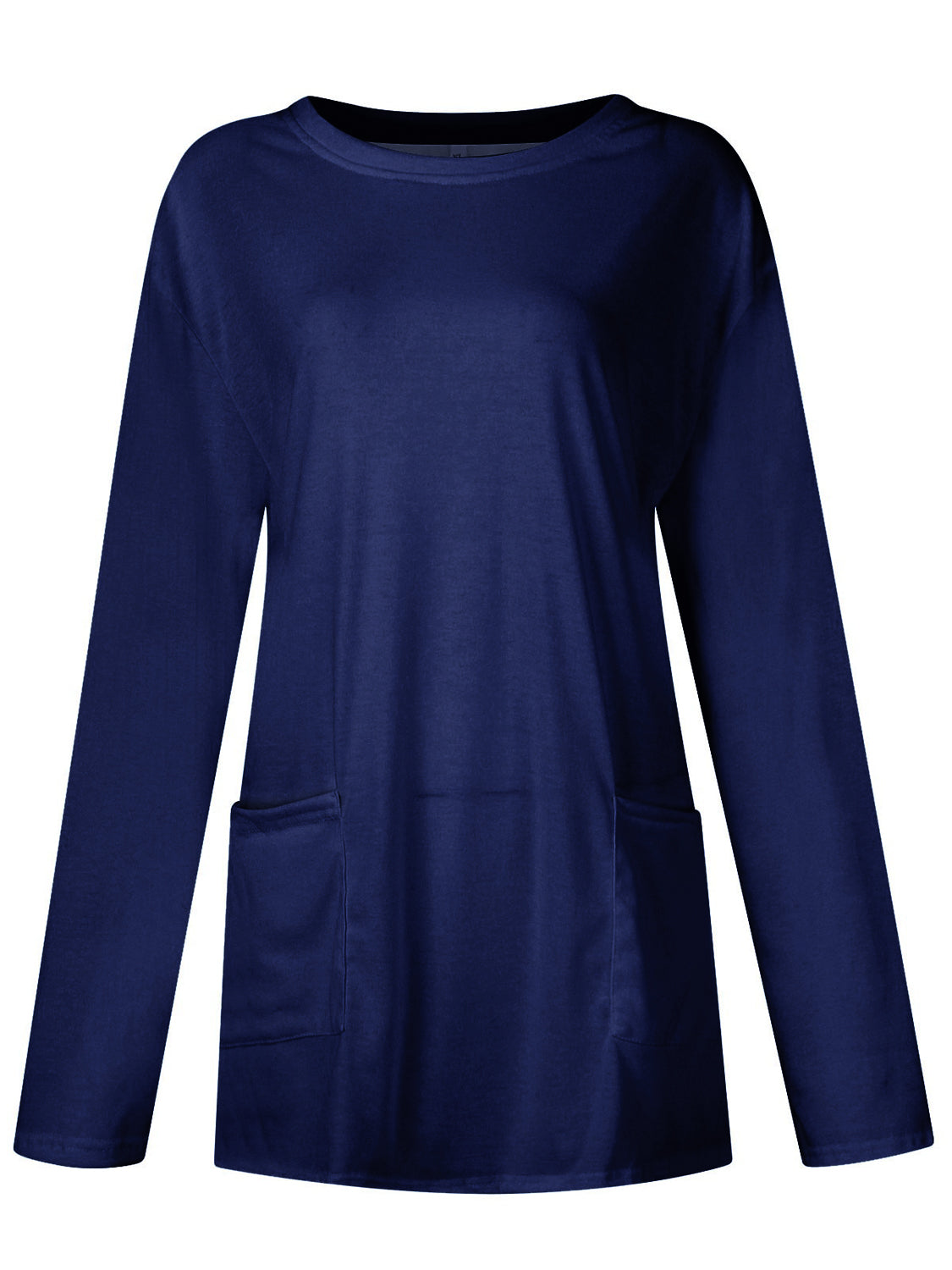 Navy relaxed fit tunic with long sleeves and two patch pockets.