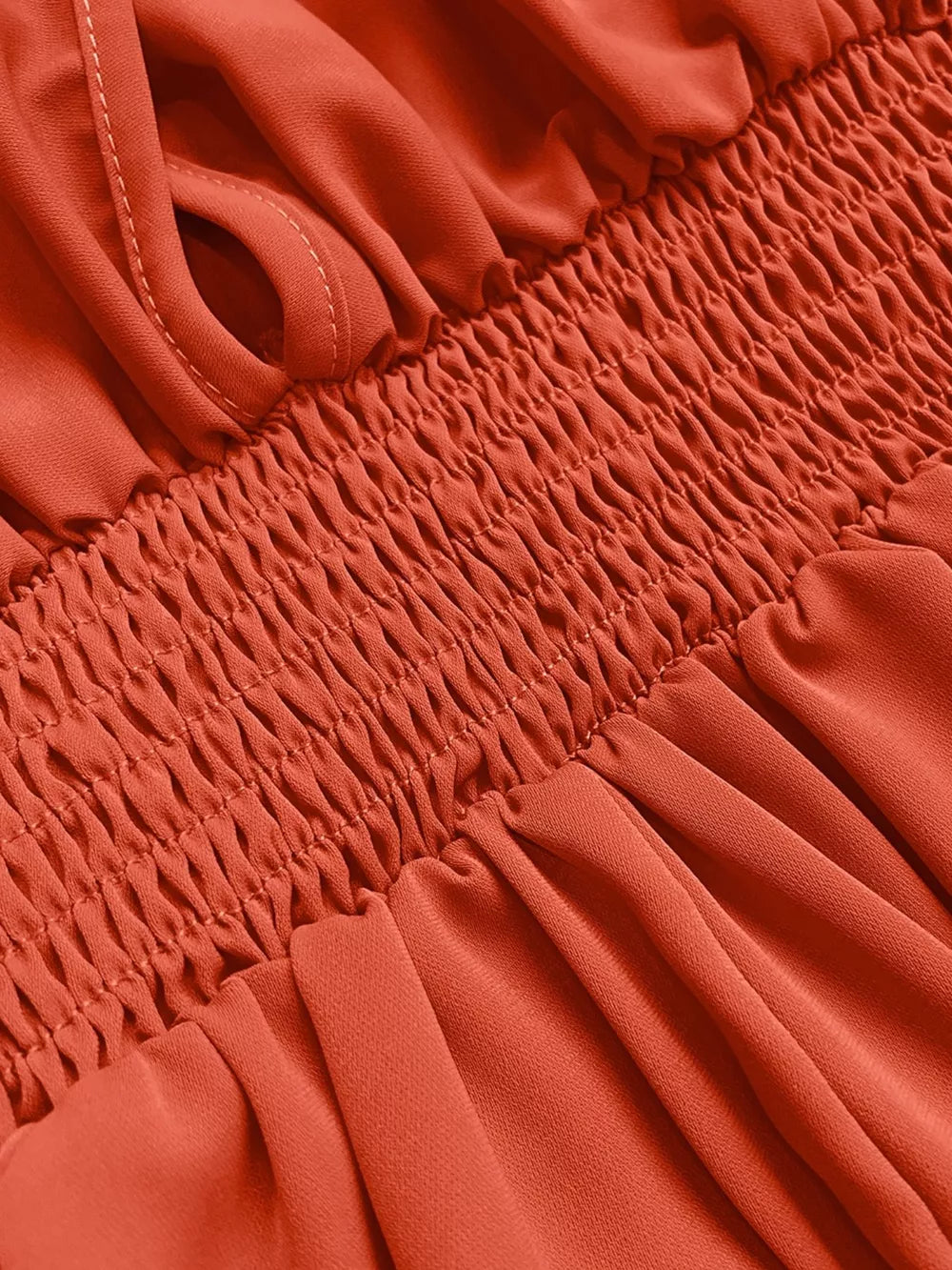 Smocked Ruched Sleeve Maxi Dress in Orange-Red, close-up detail