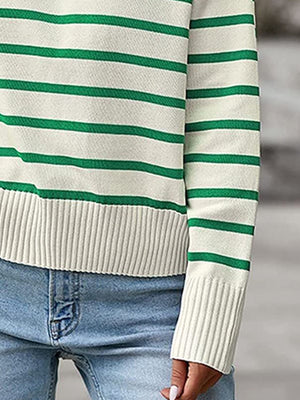 Striped knit polo sweater in cream with green stripes, ribbed cuffs and hem.
