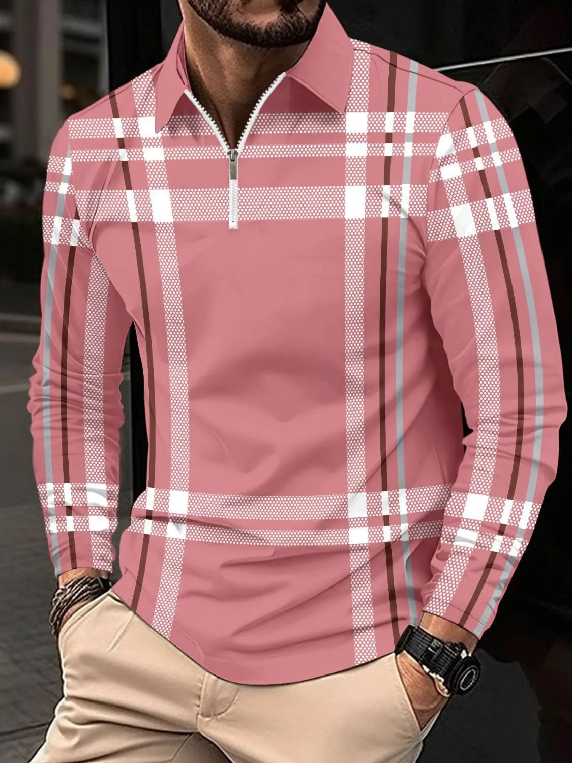 Dusty Pink graphic plaid zip polo shirt with long sleeves and a collar.