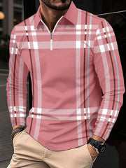 Dusty Pink graphic plaid zip polo shirt with long sleeves and a collar.