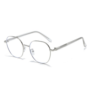 Minimalist metal frame glasses with clear lenses and silver accents.