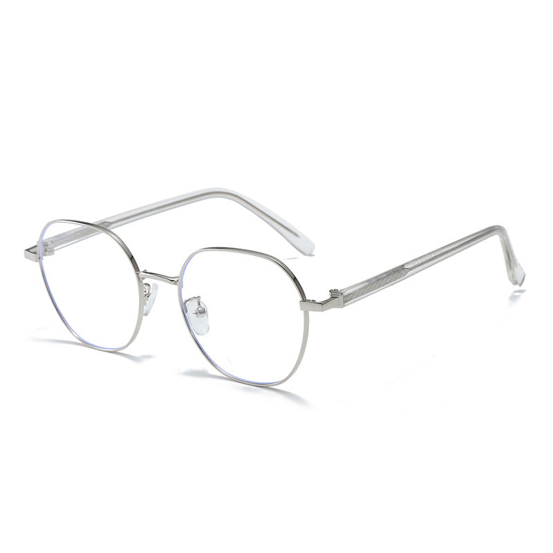 Minimalist metal frame glasses with clear lenses and silver accents.