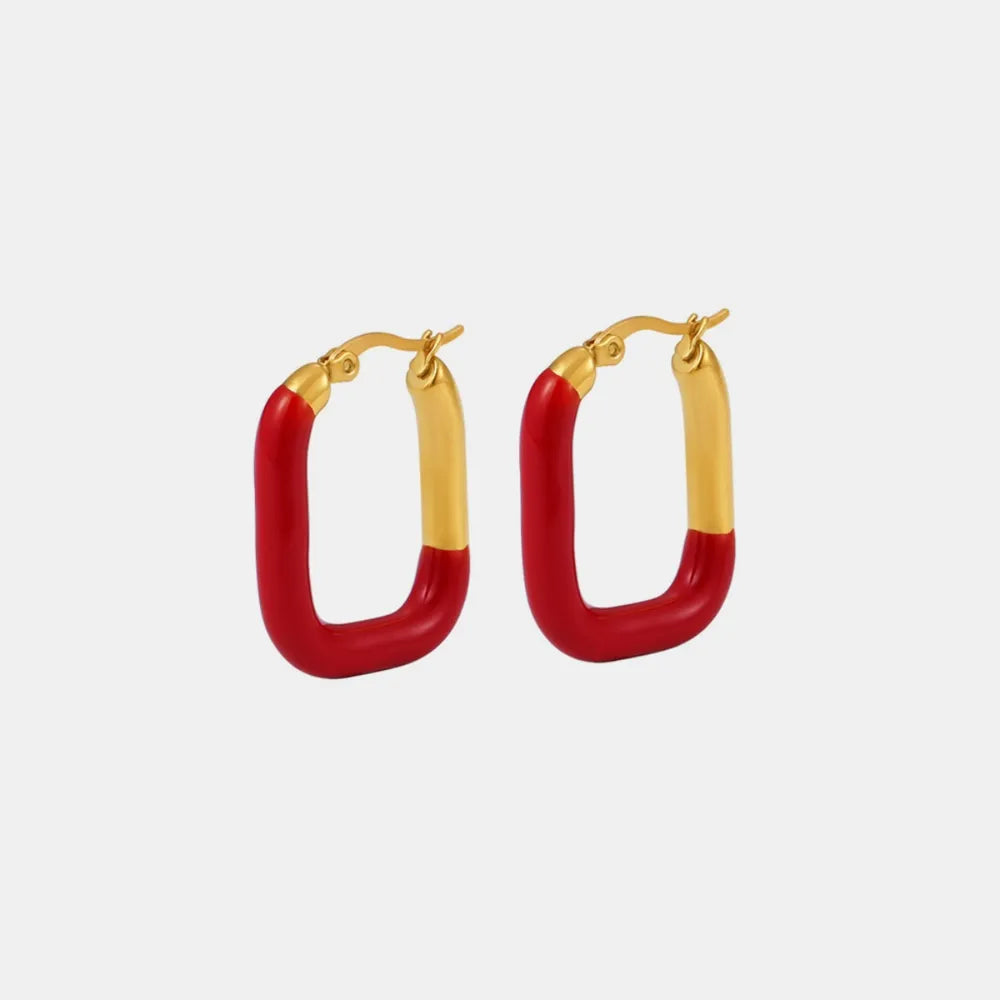 Red and gold two-tone enamel rectangle hoop earrings