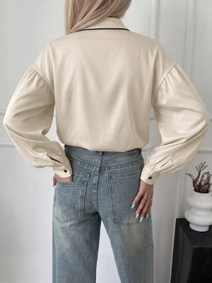 Contrast Trim Long Sleeve Shirt in Beige, fabric detail