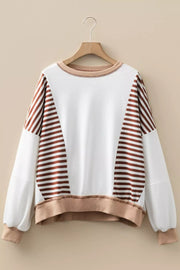 Chic colorblock sweatshirt with brown stripes and contrast stitching.