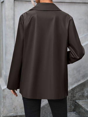 Brown faux leather tailored blazer with a classic collar and long sleeves.