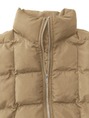 Camel quilted bomber jacket with stand collar and silver zipper detail