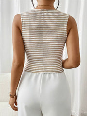 Chic striped knit v-neck tank top in khaki and white, sleeveless, fitted.