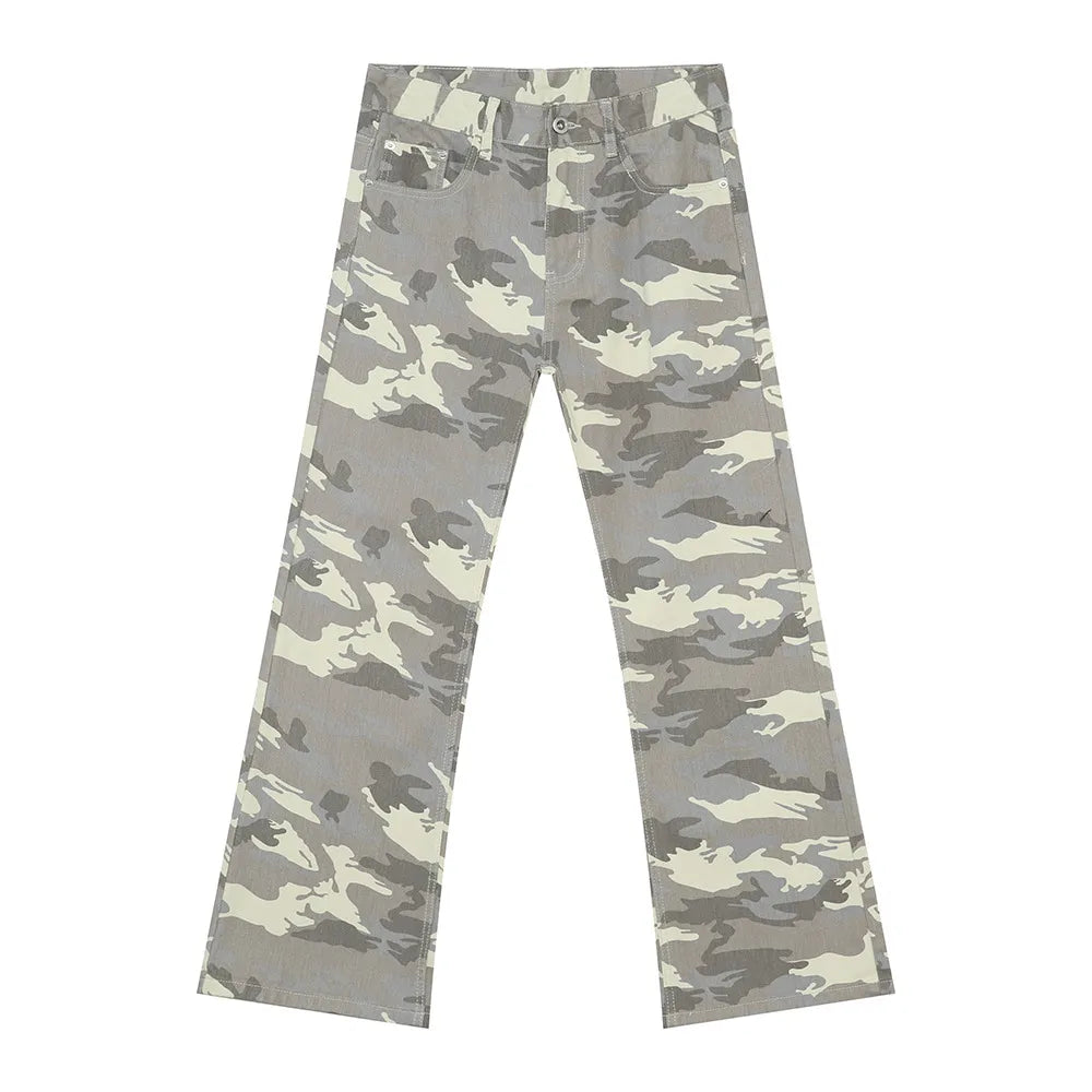Gray camo flare jeans with utility pockets and a straight leg cut.