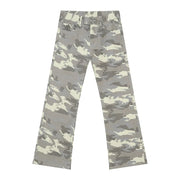 Gray camo flare jeans with utility pockets and a straight leg cut.