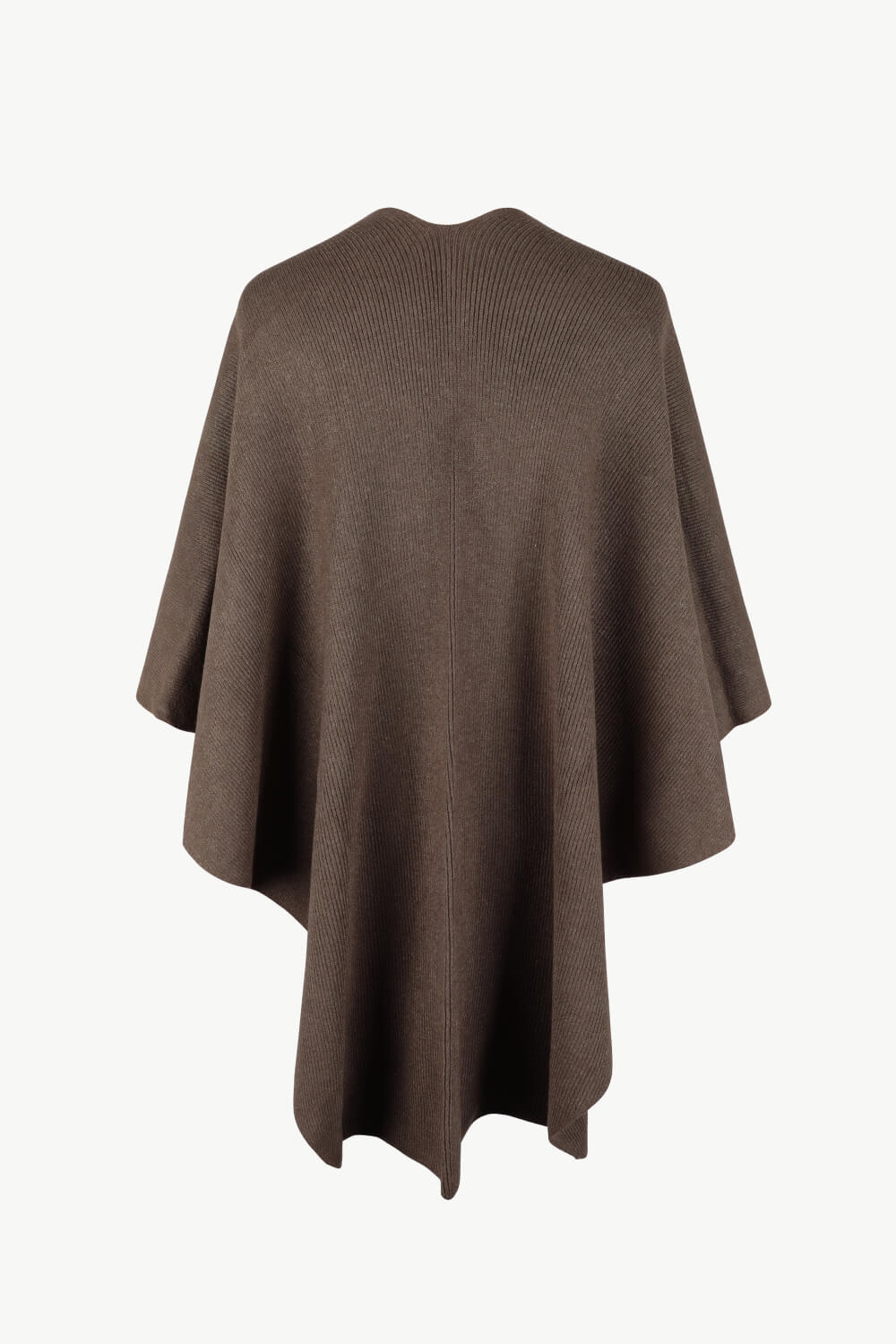 Taupe knit cape with ribbed texture and a draped silhouette, detailed with a subtle seam down the back.