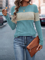 Ribbed crewneck sweater with colorblock stripes in blue and beige, long sleeves.